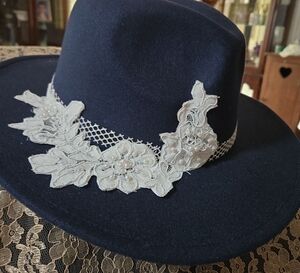 Elegant Navy Blue Hat with White Lace Detail